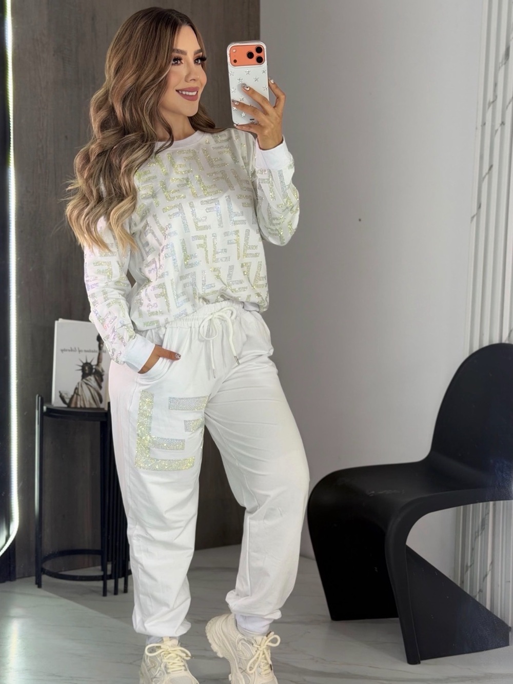Women’s White Lounge Joggers & Sweatshirt Set - Sequin Logo Detail size S